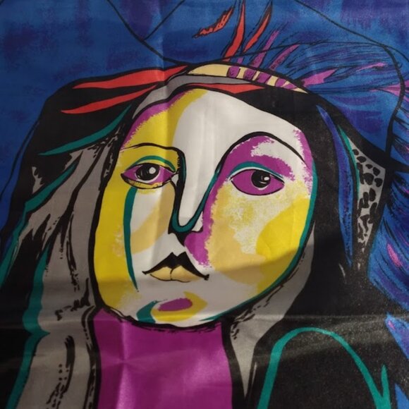Pichio: Multi color face portrait art print scarf. Measures approx. 34" X 34". - Picture 3 of 4